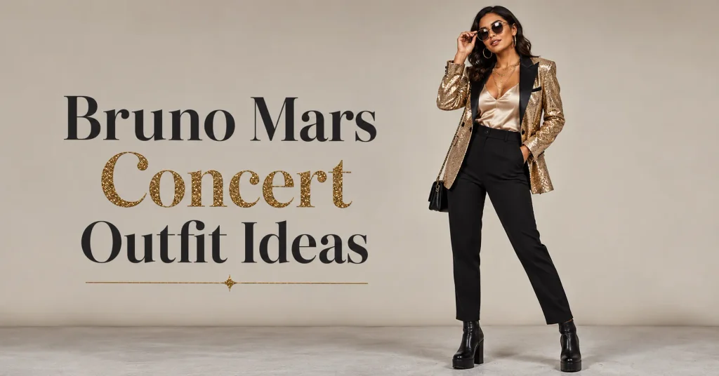 Bruno Mars Concert Outfit Ideas featuring a glamorous gold sequin blazer, satin top, tailored trousers and platform boots