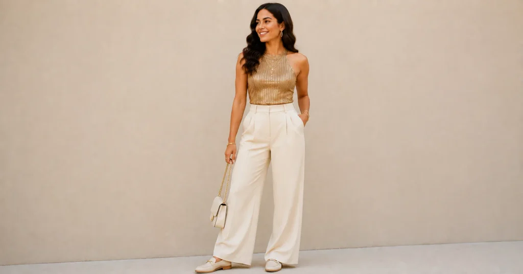 15 Bruno Mars Concert Outfit Ideas: What to Wear in 2026 13 Bruno Mars Concert Outfit Ideas with relaxed wide-leg trousers and a statement shimmer top