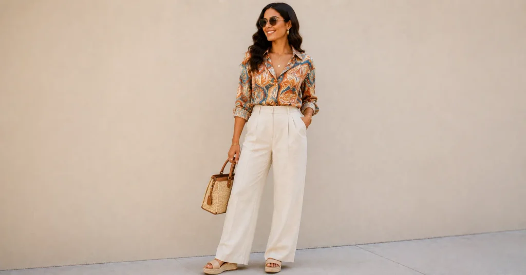 15 Bruno Mars Concert Outfit Ideas: What to Wear in 2026 15 Bruno Mars Concert Outfit Ideas with a colorful printed shirt and relaxed linen trousers