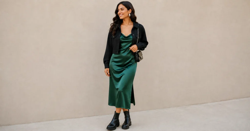 15 Bruno Mars Concert Outfit Ideas: What to Wear in 2026 7 Bruno Mars Concert Outfit Ideas featuring an emerald satin slip dress and cropped jacket