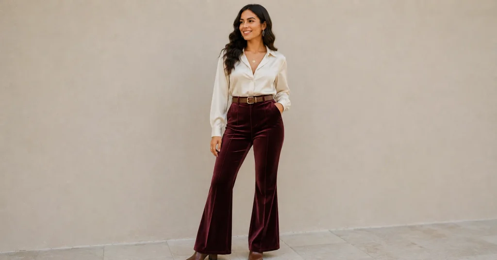 15 Bruno Mars Concert Outfit Ideas: What to Wear in 2026 8 Bruno Mars Concert Outfit Ideas with flared trousers, a silk blouse and gold jewelry