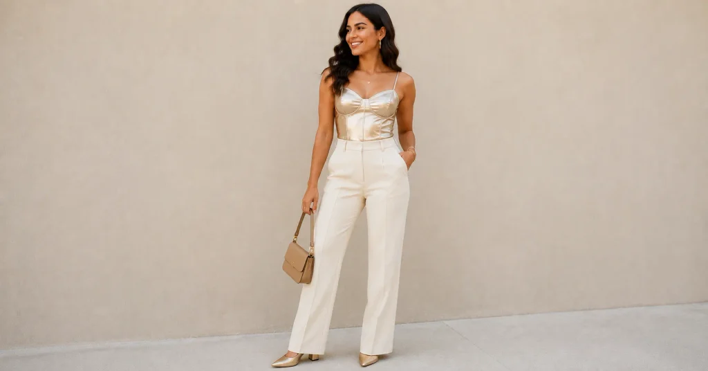 15 Bruno Mars Concert Outfit Ideas: What to Wear in 2026 10 Bruno Mars Concert Outfit Ideas featuring a metallic top and tailored cream trousers