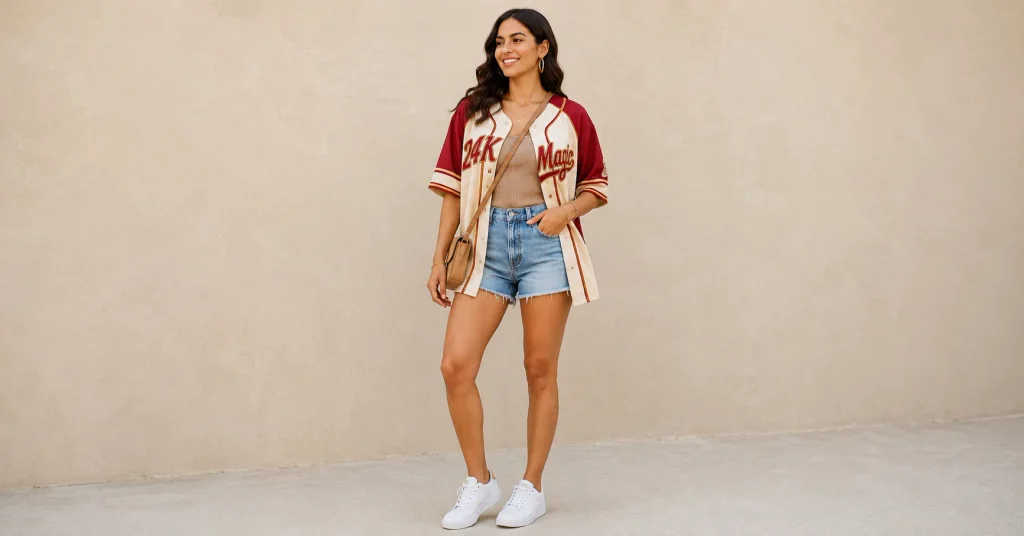 15 Bruno Mars Concert Outfit Ideas: What to Wear in 2026 4 Bruno Mars Concert Outfit Ideas with a retro baseball jersey and high-waisted denim shorts