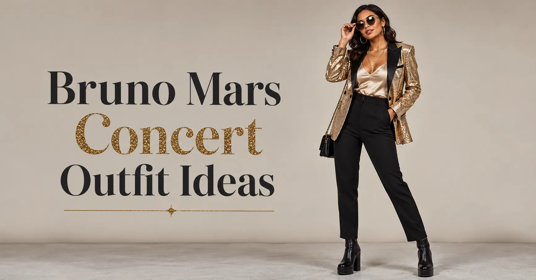 Bruno Mars Concert Outfit Ideas featuring a glamorous gold sequin blazer, satin top, tailored trousers and platform boots