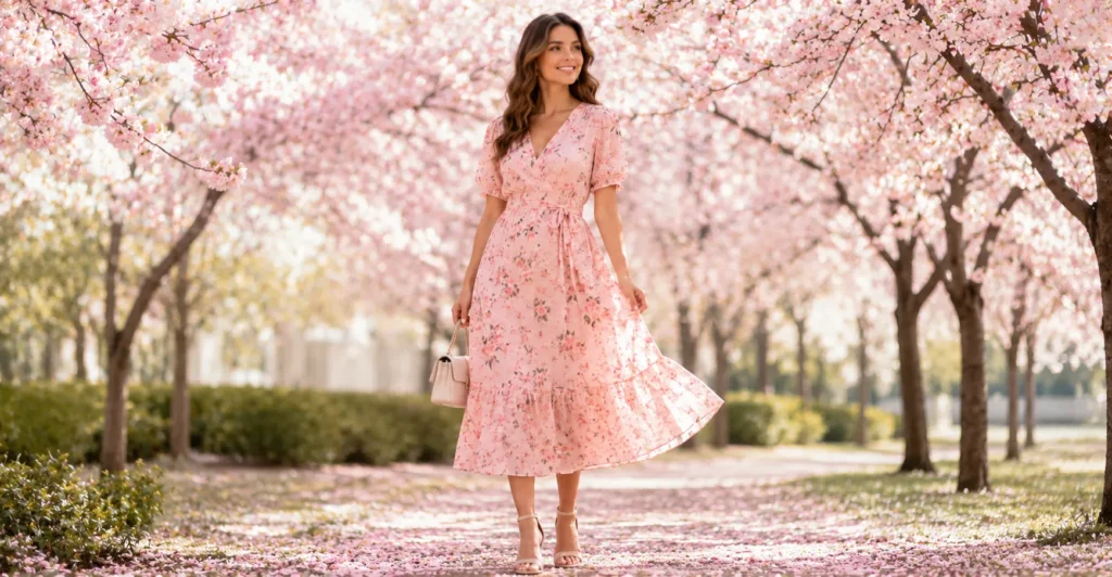 Spring Photoshoot Outfits That Make Every Photo Look Effortlessly Chic 13 Cherry blossom Spring Photoshoot Outfits for dreamy seasonal portraits.