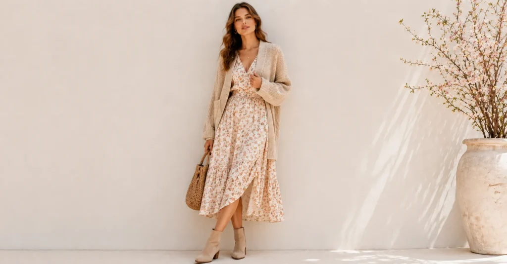 Spring Photoshoot Outfits That Make Every Photo Look Effortlessly Chic 7 Chunky knit Spring Photoshoot Outfits adding texture to spring fashion.
