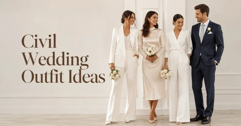 Civil Wedding Outfit Ideas featuring elegant city hall wedding fashion for brides and grooms.
