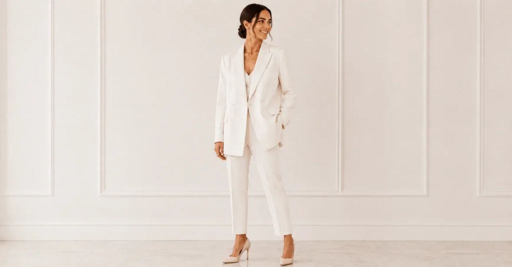 Civil Wedding Outfit Ideas: The Complete Guide for Modern Couples 8 Civil Wedding Outfit Ideas featuring a bridal blazer and tailored trousers