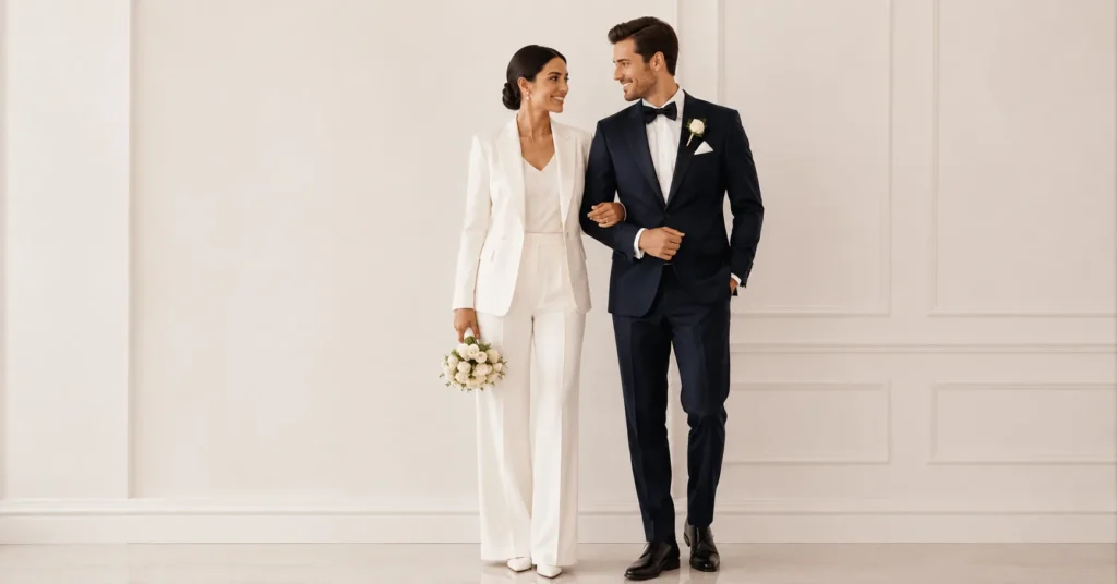 Civil Wedding Outfit Ideas: The Complete Guide for Modern Couples 3 Civil Wedding Outfit Ideas featuring a chic tailored suit and tuxedo
