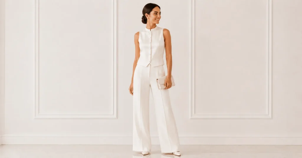 Civil Wedding Outfit Ideas: The Complete Guide for Modern Couples 9 Civil Wedding Outfit Ideas with a modern sleeveless bridal vest outfit