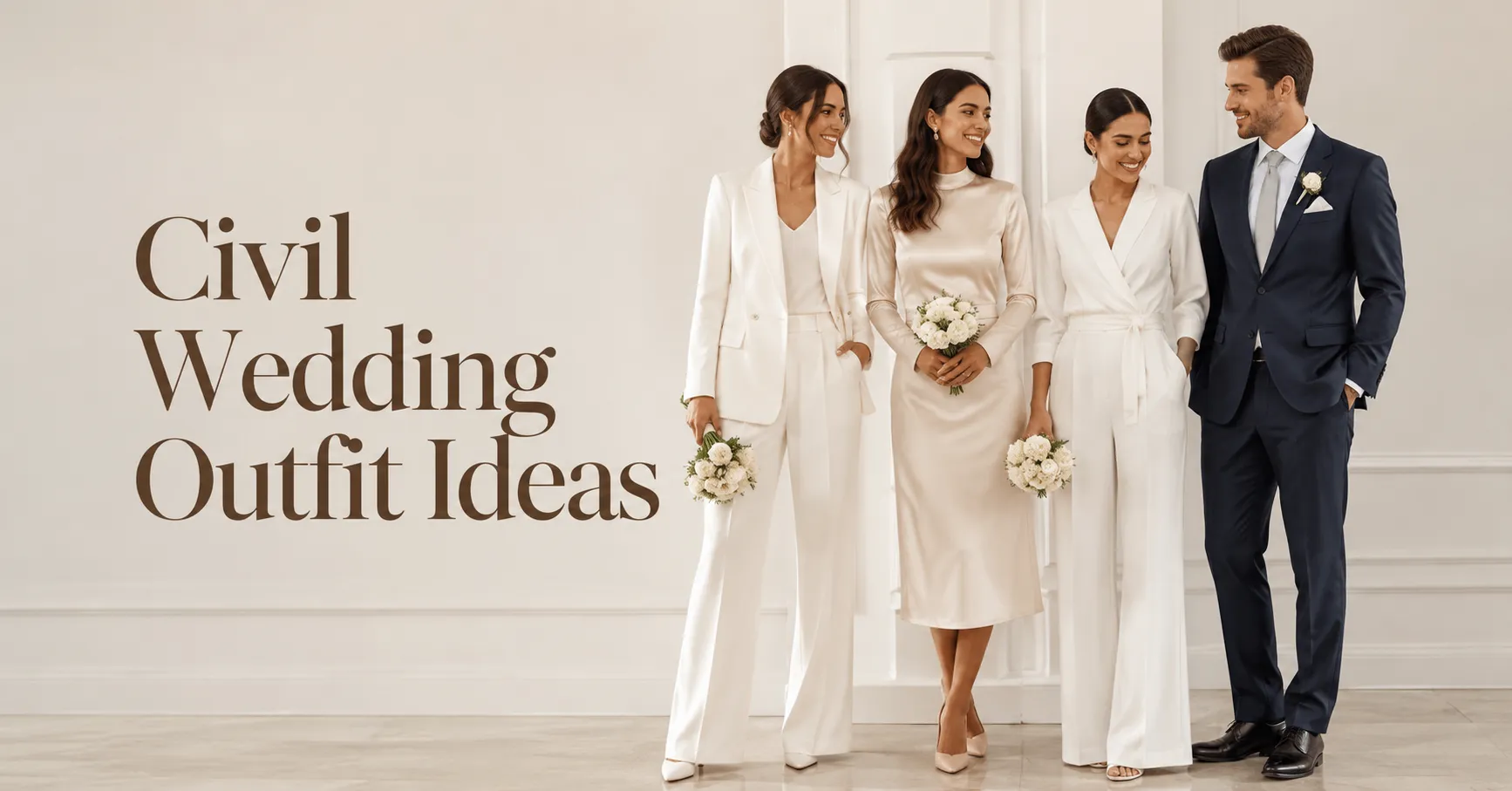 Civil Wedding Outfit Ideas featuring elegant city hall wedding fashion for brides and grooms.