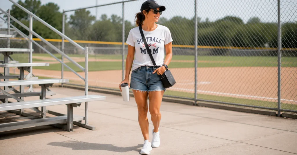 Don't Miss These Softball Mom Outfits for Every Tournament Day 9 Classic graphic tee and denim shorts in Softball Mom Outfits.