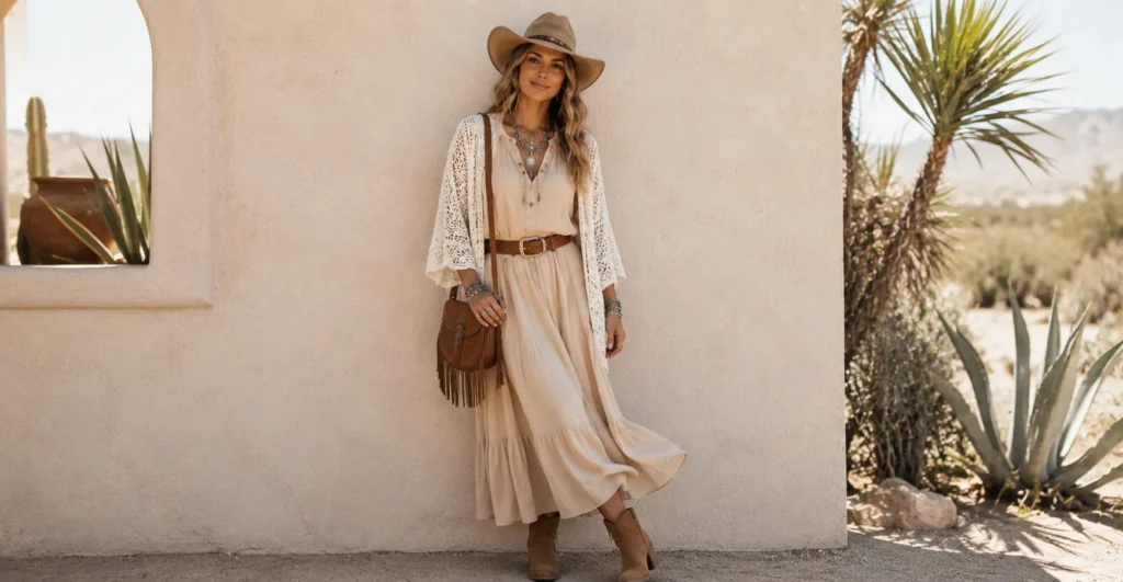 Stagecoach Outfit Ideas: Your Festival Style Guide 6 Desert boho Stagecoach Outfit Ideas featuring flowing dresses, boots, and western accessories.