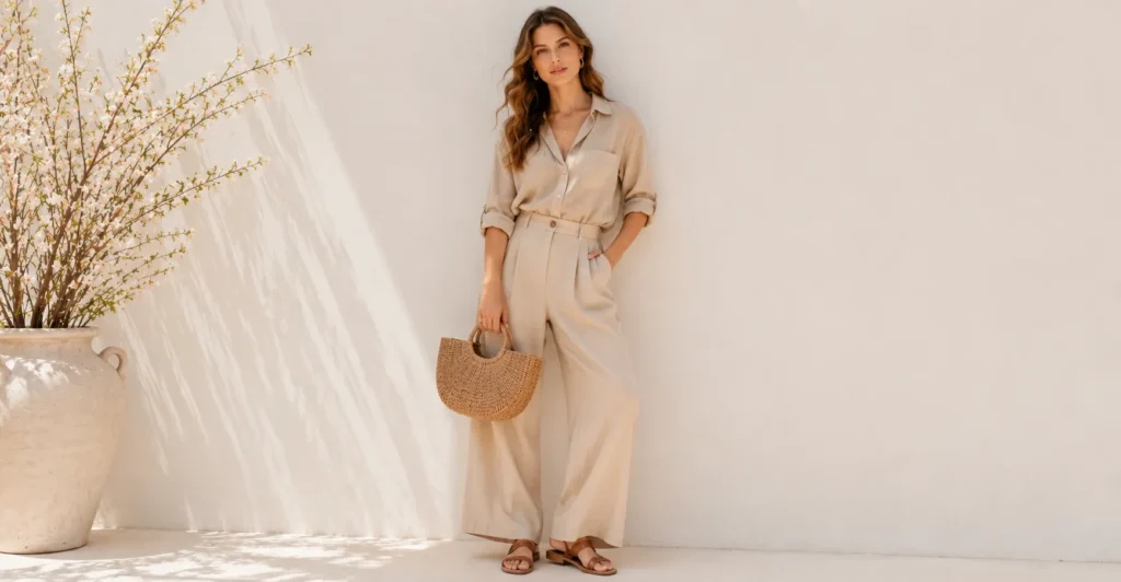 Spring Photoshoot Outfits That Make Every Photo Look Effortlessly Chic 4 Earthy neutral Spring Photoshoot Outfits styled with linen and natural tones.