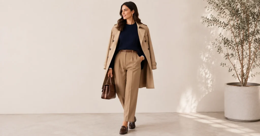 Elegant Navy Blue Outfits styled with beige and camel for quiet luxury
