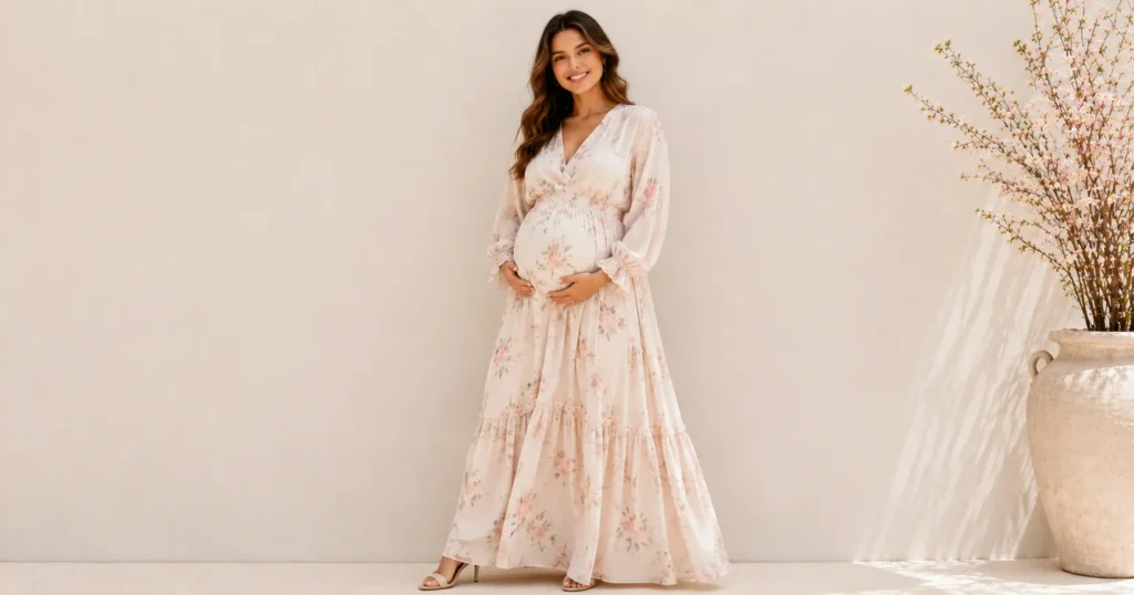 Spring Photoshoot Outfits That Make Every Photo Look Effortlessly Chic 10 Elegant maternity Spring Photoshoot Outfits for beautiful pregnancy portraits.