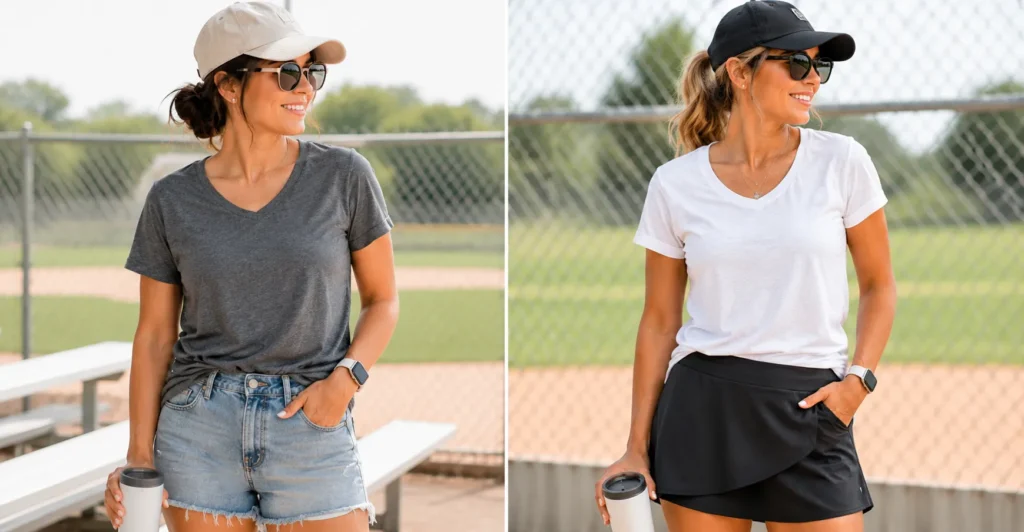 Don't Miss These Softball Mom Outfits for Every Tournament Day 4 Flexible bottoms included in comfortable Softball Mom Outfits.