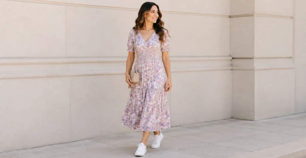 Floral midi dress inspiration from Casual Spring Outfits.