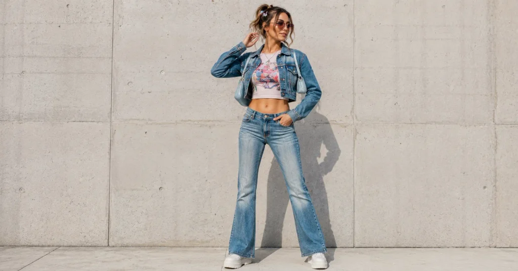 Adult woman showcasing colorful flared denim, a fitted top, platform sneakers and nostalgic accessories for Hilary Duff Concert Outfit Ideas.