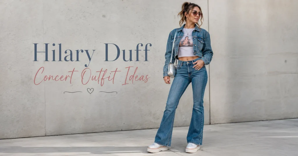 Stunning Hilary Duff Concert Outfit Ideas for Every Era 5 Adult woman wearing a stylish Y2K-inspired concert look with flared jeans, graphic tee, denim jacket and platform sneakers for Hilary Duff Concert Outfit Ideas.