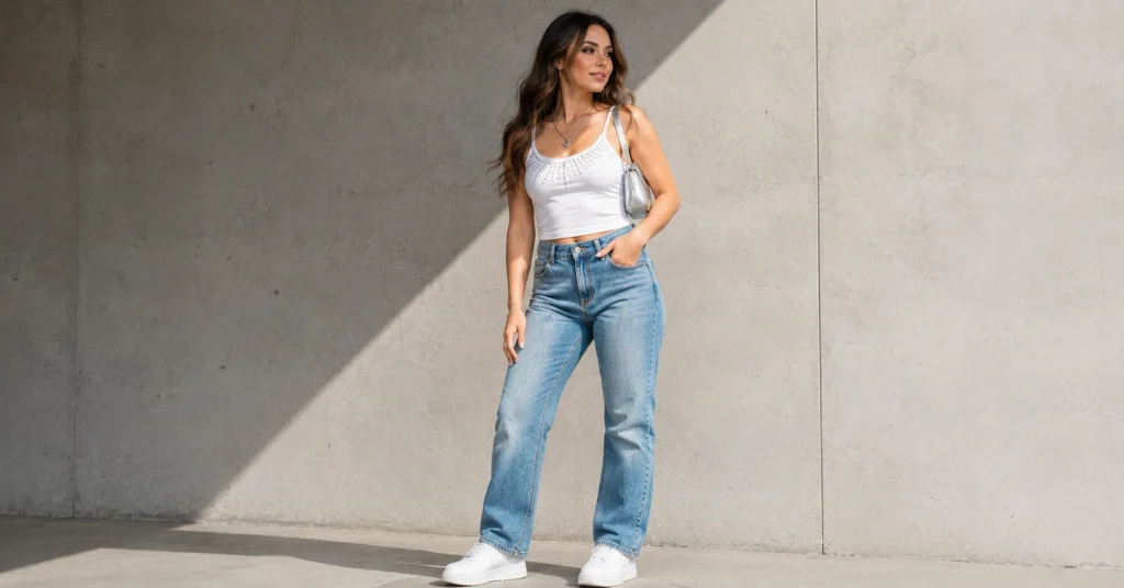 Adult woman combining casual denim, a simple top, sneakers and polished metallic accessories for Hilary Duff Concert Outfit Ideas.