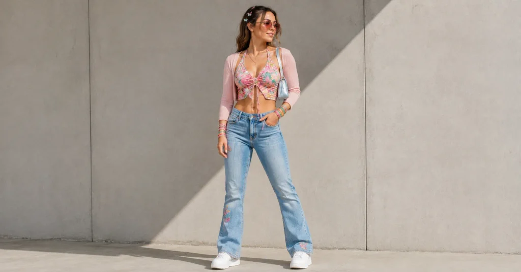 Adult woman wearing a colorful floral-inspired top, flared denim, platform sneakers and playful Y2K accessories for Hilary Duff Concert Outfit Ideas.