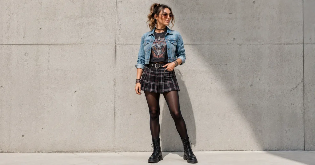 Adult woman wearing a graphic tee, plaid skirt, combat boots and edgy accessories for Hilary Duff Concert Outfit Ideas.