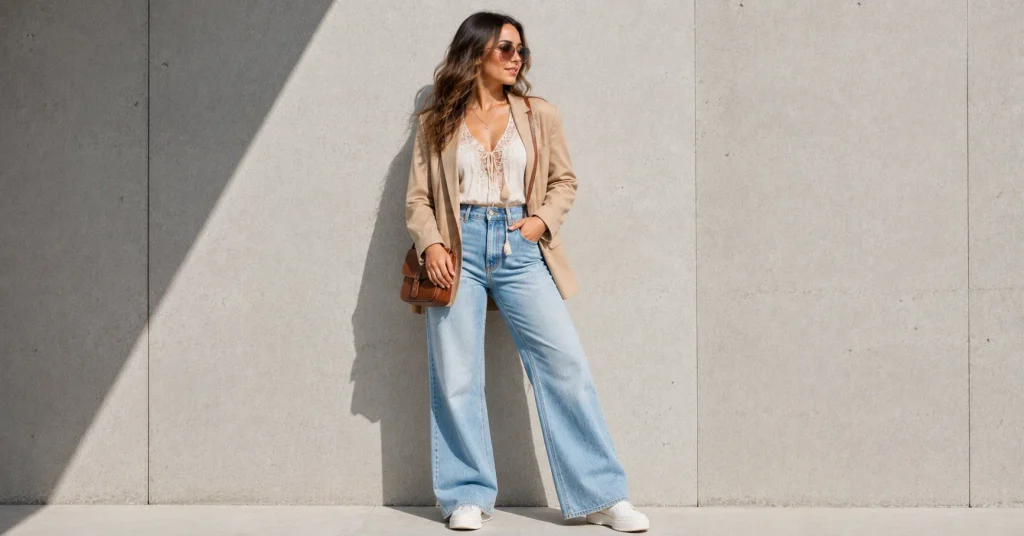 Adult woman wearing wide-leg jeans, a flowy blouse, tailored blazer and crossbody bag for Hilary Duff Concert Outfit Ideas.