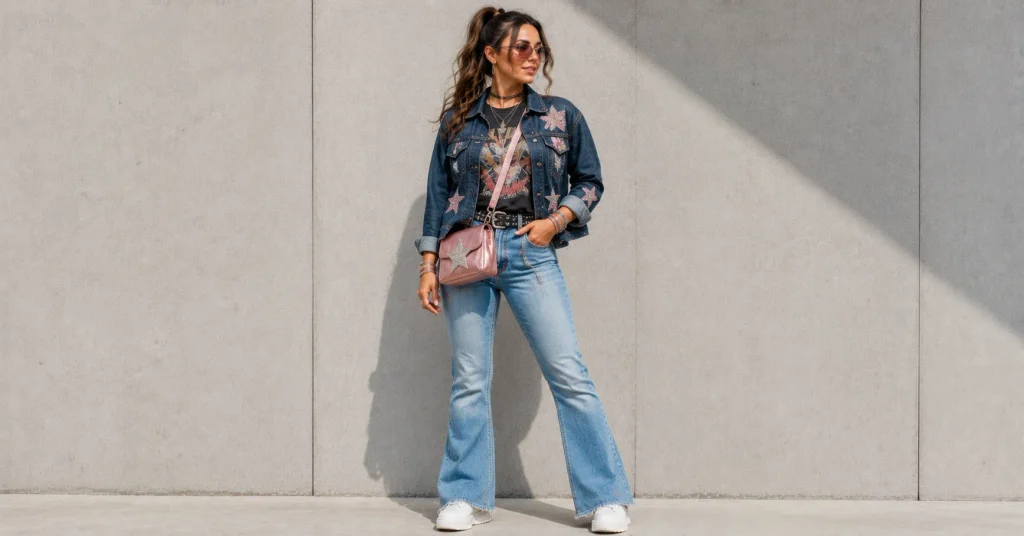 Adult woman wearing a thrifted graphic tee, customized denim jacket, flared jeans and casual sneakers for Hilary Duff Concert Outfit Ideas.