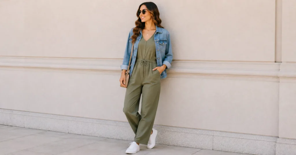 Jumpsuit and denim jacket from Casual Spring Outfits.