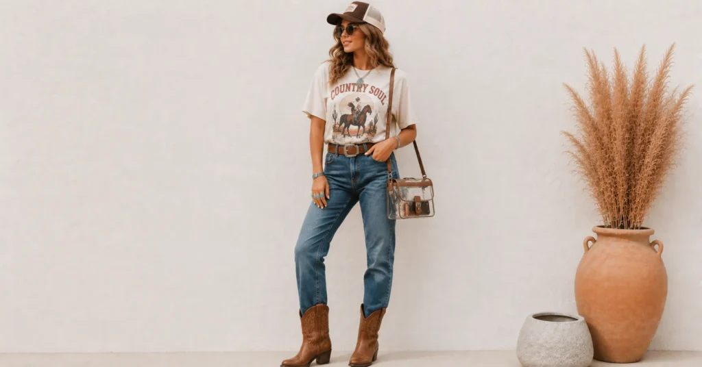 Morgan Wallen Concert Outfit Ideas featuring a clear crossbody bag, trucker hat, turquoise jewelry, and western accessories