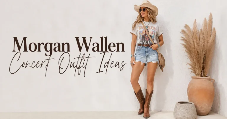 Morgan Wallen Concert Outfit Ideas featuring a graphic tee, denim shorts, cowboy boots, and western accessories