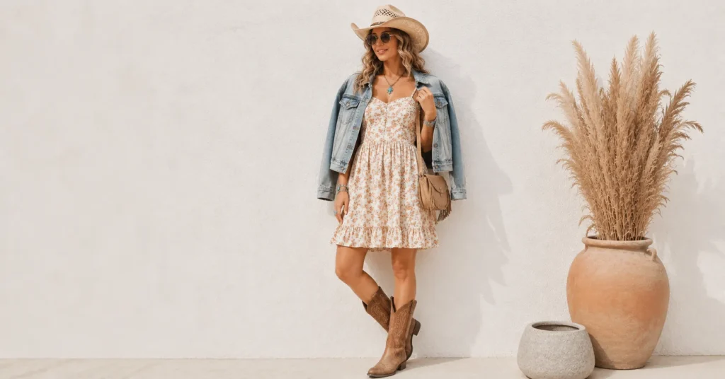 Morgan Wallen Concert Outfit Ideas featuring a flowy floral sundress, denim jacket, and cowboy boots