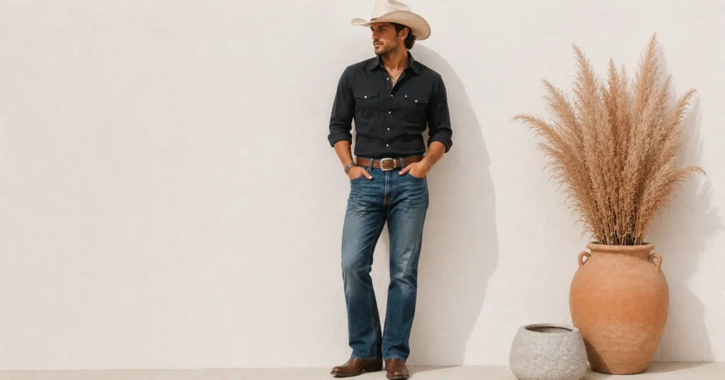 Morgan Wallen Concert Outfit Ideas featuring a pearl snap western shirt, bootcut jeans, and cowboy boots