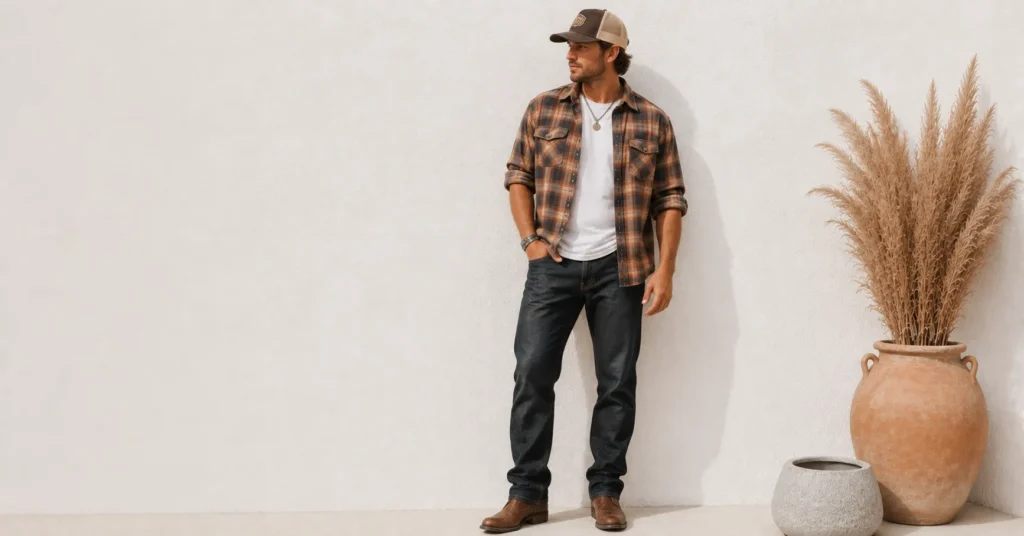 Morgan Wallen Concert Outfit Ideas featuring a plaid flannel, white tee, dark jeans, boots, and trucker hat