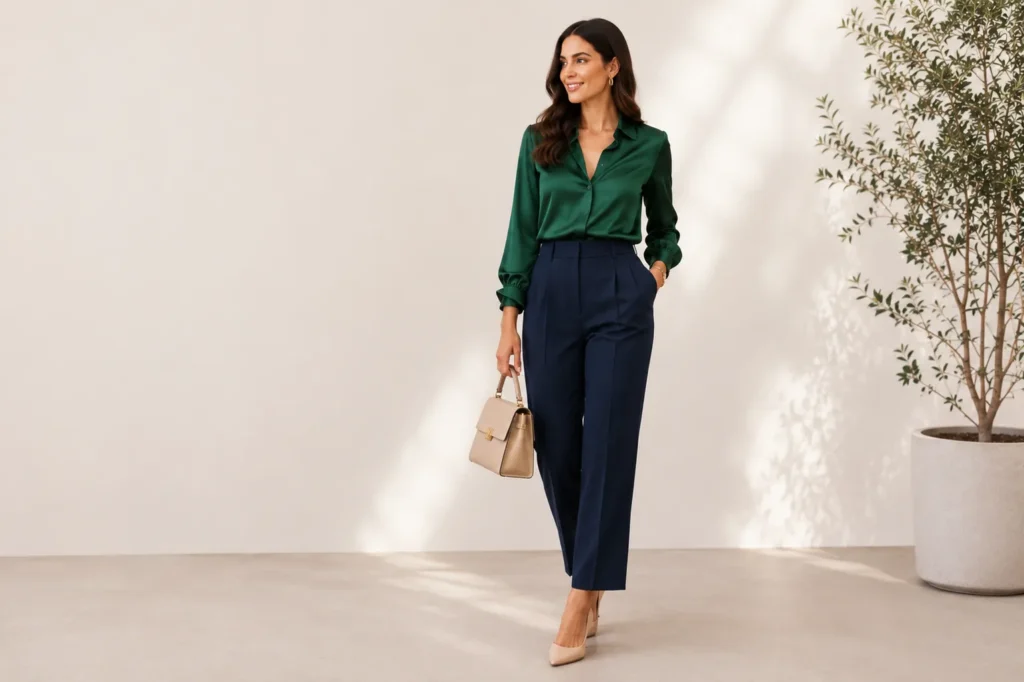 Navy Blue Outfits combined with emerald green
