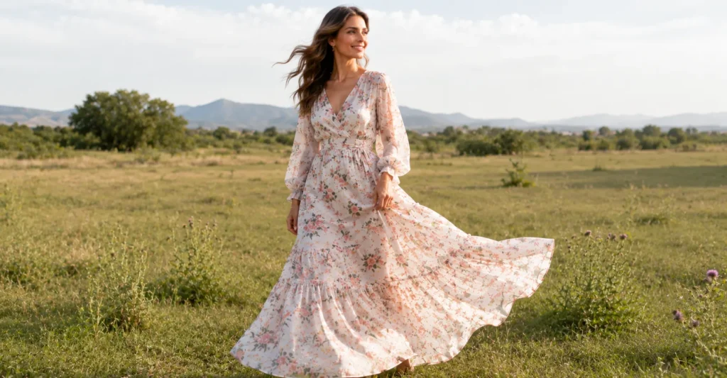 Spring Photoshoot Outfits That Make Every Photo Look Effortlessly Chic 15 Open field Spring Photoshoot Outfits for natural outdoor photography.