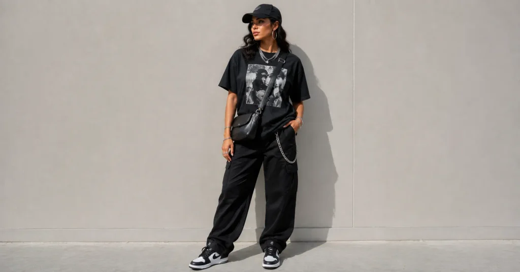 Rap Concert Outfit Ideas: Stylish Looks for Every Venue 13 Rap Concert Outfit Ideas elevated with layered chains, hoop earrings, a crossbody bag and streetwear accessories