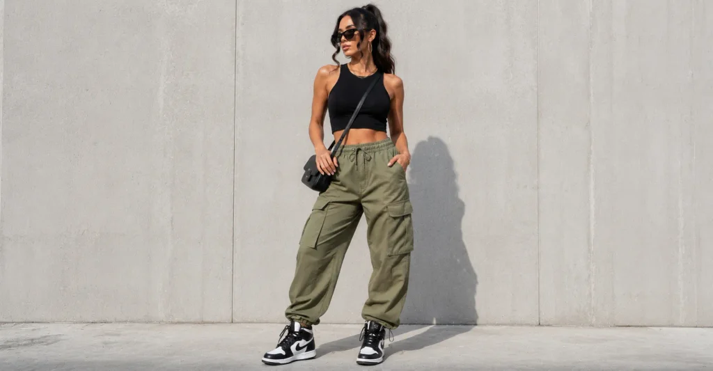 Rap Concert Outfit Ideas: Stylish Looks for Every Venue 4 Rap Concert Outfit Ideas featuring high-waisted cargo pants, a cropped top and chunky sneakers