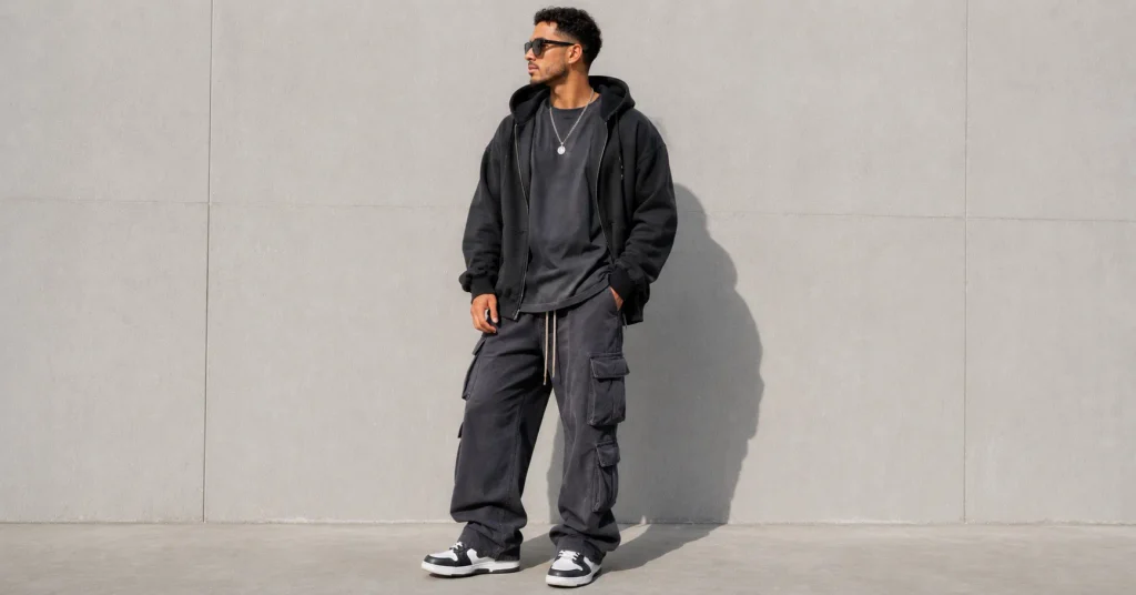 Rap Concert Outfit Ideas: Stylish Looks for Every Venue 7 Rap Concert Outfit Ideas featuring men's streetwear staples with a hoodie, cargo pants and sneakers