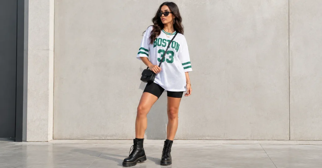 Rap Concert Outfit Ideas: Stylish Looks for Every Venue 3 Rap Concert Outfit Ideas with an oversized jersey, combat boots and 90s inspired streetwear style