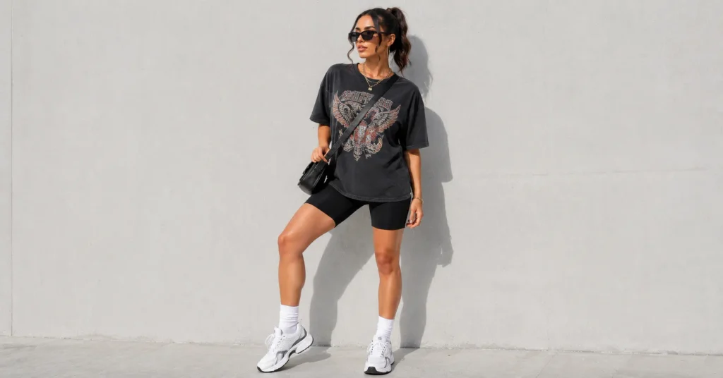 Rap Concert Outfit Ideas: Stylish Looks for Every Venue 5 Rap Concert Outfit Ideas with biker shorts, an oversized graphic tee and chunky sneakers
