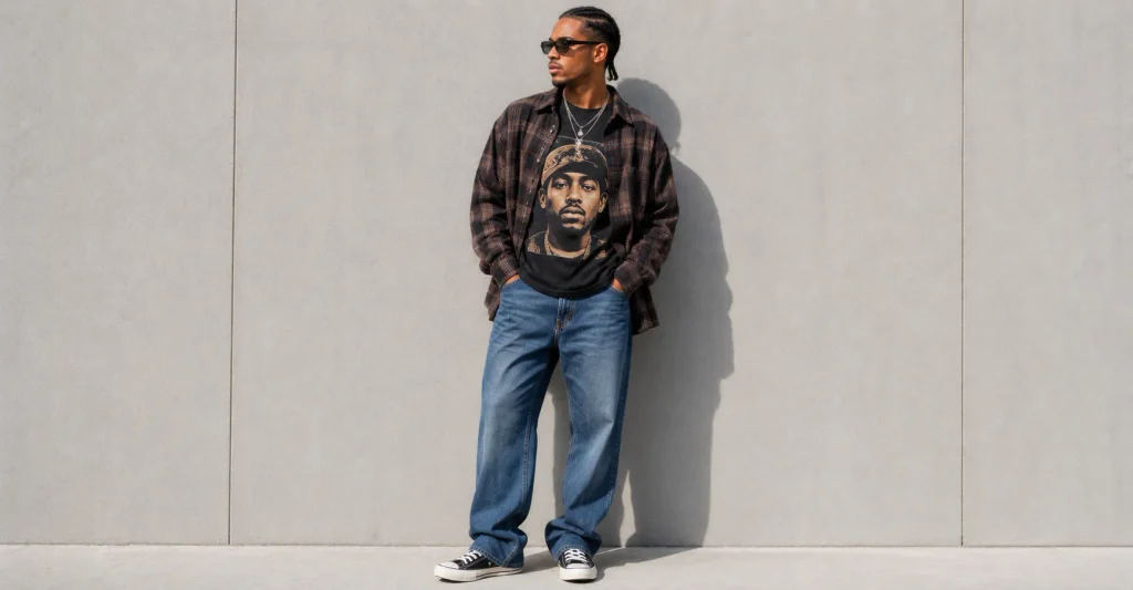 Rap Concert Outfit Ideas: Stylish Looks for Every Venue 8 Rap Concert Outfit Ideas with relaxed denim, a vintage graphic tee and casual flannel