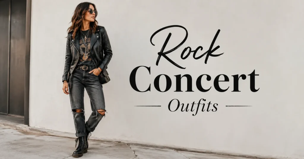 Rock Concert Outfits: What to Wear to Your Next Big Show 5 Rock Concert Outfits featuring a leather jacket, graphic tee, distressed denim, and combat boots