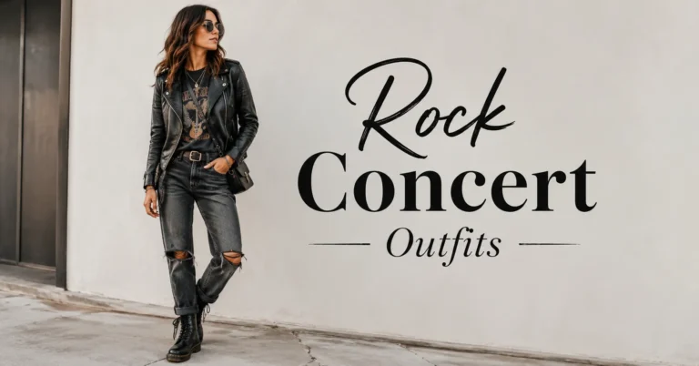 Rock Concert Outfits featuring a leather jacket, graphic tee, distressed denim, and combat boots