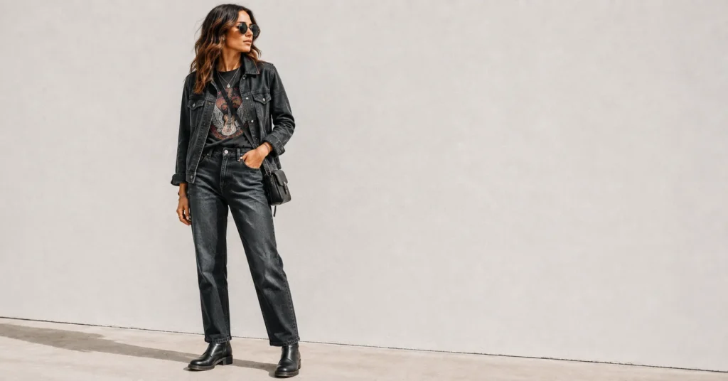 Rock Concert Outfits featuring durable distressed denim, a graphic tee, denim jacket, and leather boots