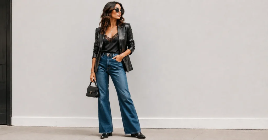 Rock Concert Outfits for classic arena rock with flared denim, a leather blazer, and block-heeled boots