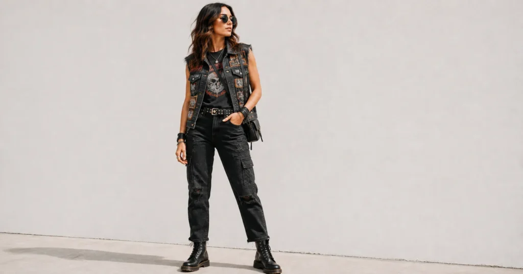 Rock Concert Outfits for heavy metal festivals with distressed denim, a battle vest, and combat boots