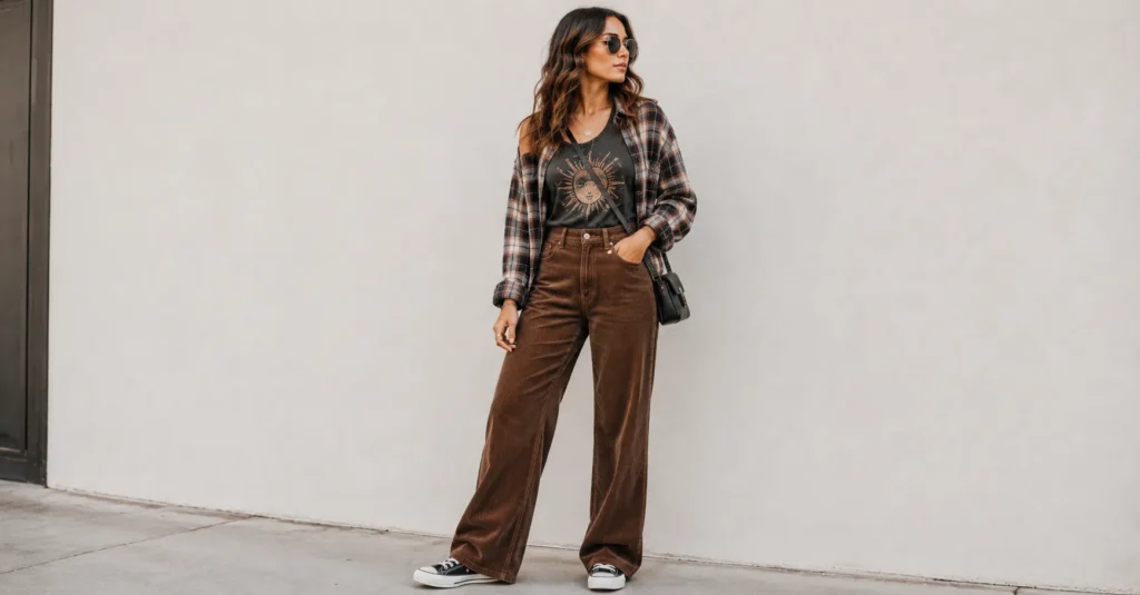 Rock Concert Outfits for indie and alternative rock gigs with corduroy pants, graphic top, and flannel