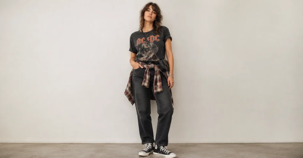 Rock Concert Outfits for indoor general admission clubs with a graphic tee, relaxed denim, flannel, and sneakers